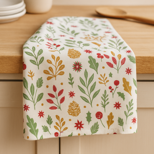 Festive Foliage Tea Towel – 100% Cotton, Soft, Absorbent & Quick-Dry Kitchen Essential